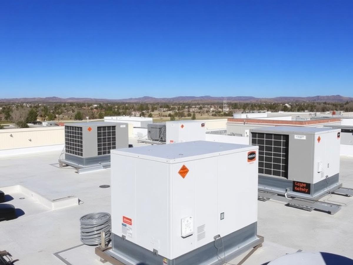 Commercial rooftop HVAC packaged units on a flat roof under a clear Colorado sky