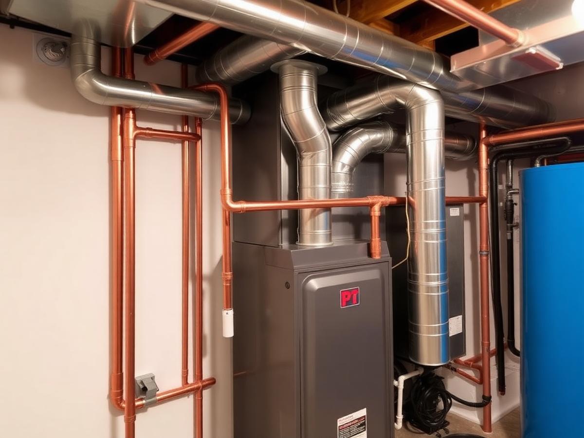 High-efficiency gas furnace and ductwork installed in a tidy basement utility room